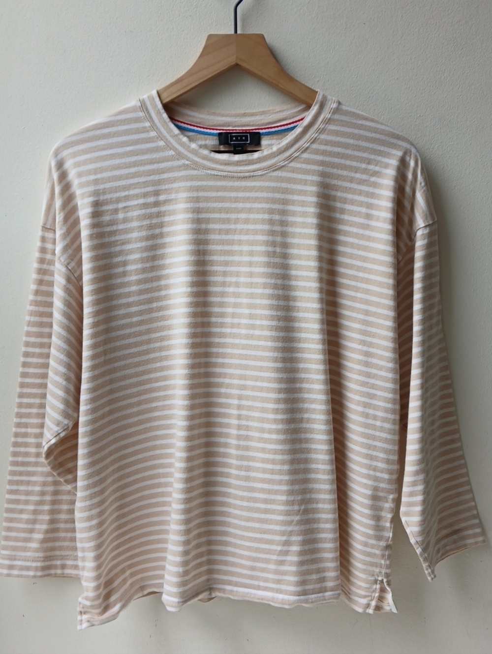 AYR Long Sleeve Pima Cotton T Shirt Tan White Stripe Large